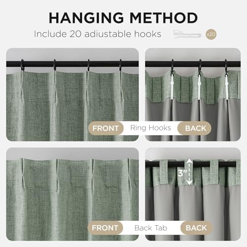 Joydeco Sage Green Pinch Pleated Linen Curtains 72 Inch Long, 100%