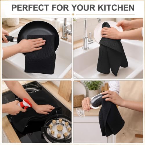 Mordimy 100% Cotton Waffle Weave Kitchen Towels 12-Pack, Black
