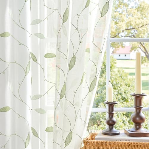 Lazzzy Embroidered Sheer Curtains Floral Leaf White Sheer Curtain for