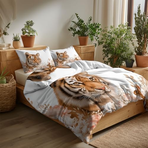 King Duvet Cover Set Animal Tiger Flower Soft Microfiber Reversible