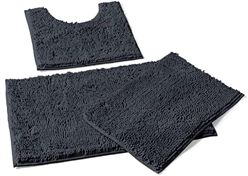 LuxUrux Charcoal Chic Bath Set: Plush Chenille Mat Set + Modern