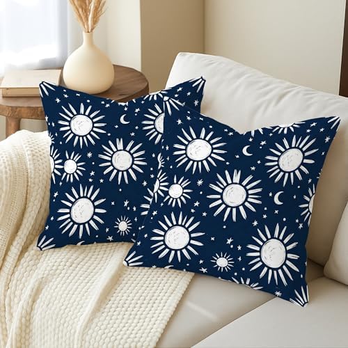 Sun Throw Pillow Covers Set of 2, Bohemian Rustic Moon Stars Summer