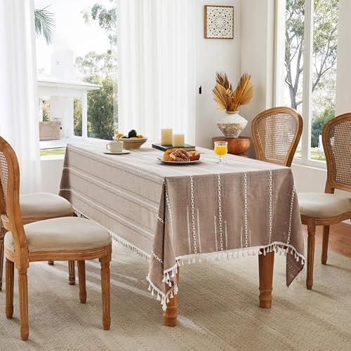 ZeeMart Hemstitched Striped Boho Table Cloth, 54x70 Inch Taupe