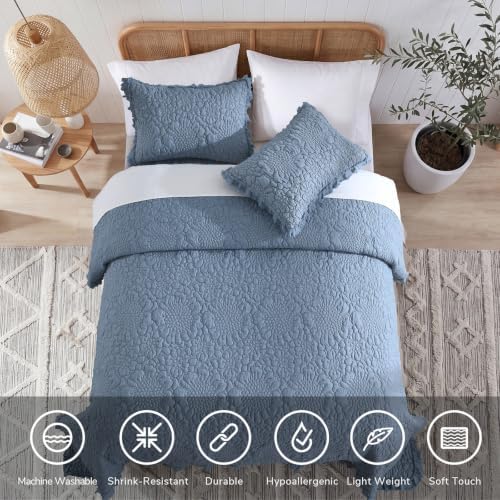 HORIMOTE HOME Blue Ruffled Quilt King Size, Stone-Washed Microfiber