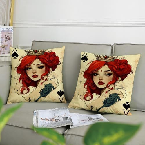 Queen of Hearts Pillow Covers Set of 2, Red and Cream Floral Throw