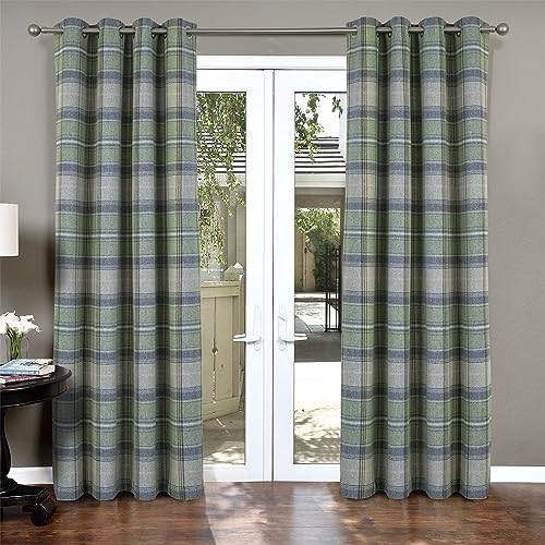 always4u Woolen Look Plaid Curtains Modern Window Panels Green Check