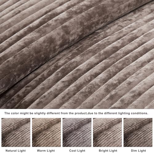 WDCOZY Beige Velvet King Size Quilt Set - Striped Soft Lightweight