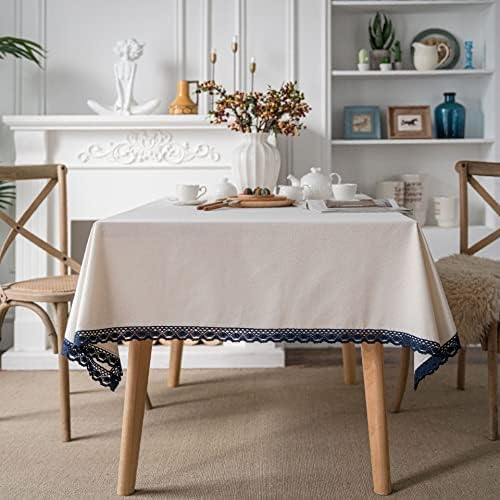 Cotton Linen Tablecloth Table Cover with Lace Trim for Home Kitchen