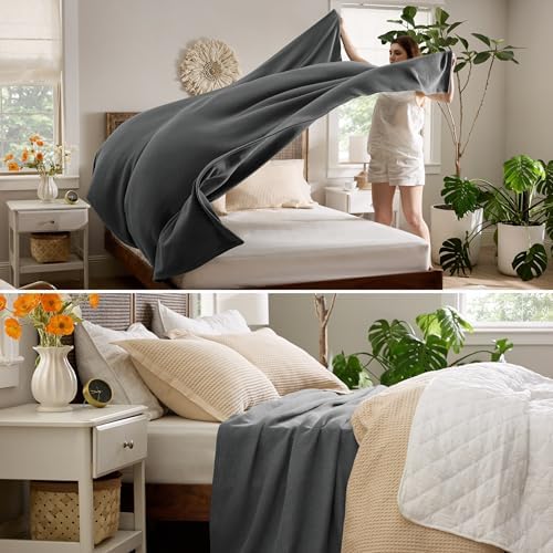Bedsure 100% Cotton Blanket, Herringbone Weave, King, Dark Grey