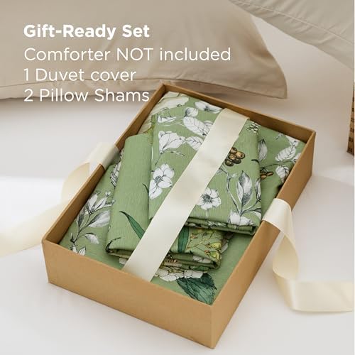 Bedsure Duvet Cover King Size - Reversible Green Floral&Bird Duvet