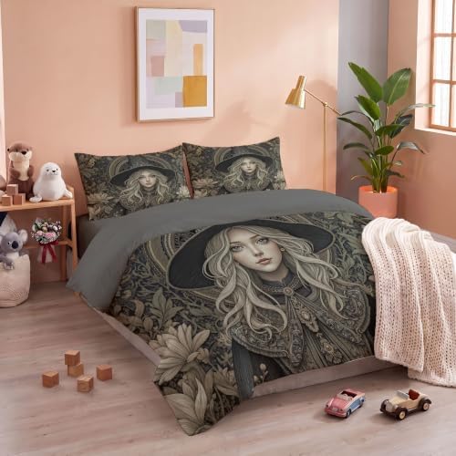 Charcoal Gray Retro Halloween Witch Duvet Cover Set For Women Girls