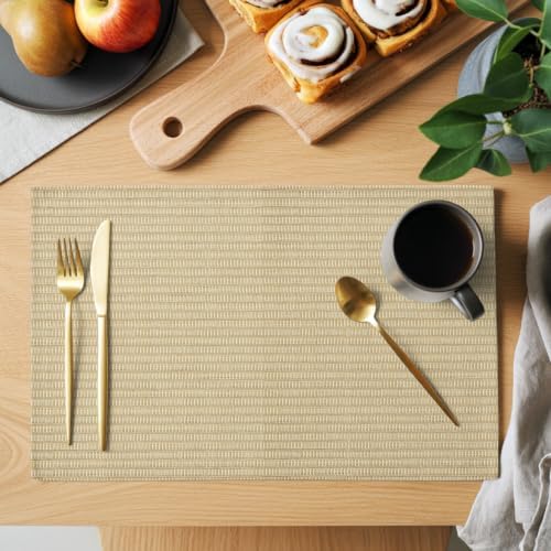 Woven Texture Placemats Set of 8, Beige Straw Weave Check Rustic