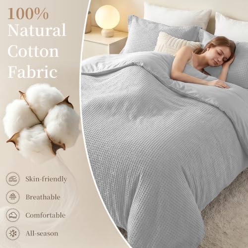 100% Cotton Queen Duvet Cover Set with 2 Pillow Shams, Light Grey