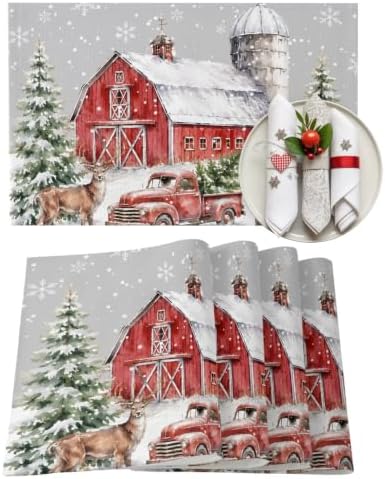 Gray Christmas Placemats Set of 8, Cotton Linen Fabric Place Mats