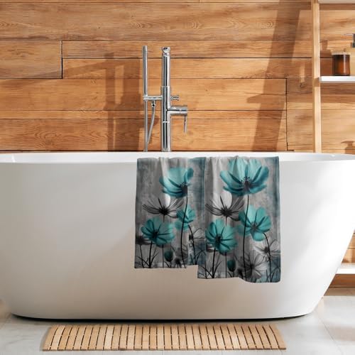 Teal Gray Floral Decorative Hand Towels for Bathroom Rustic Flower