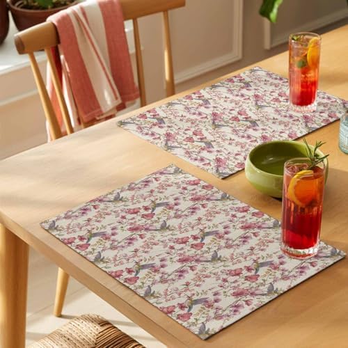 Placemats Set of 8, Pink Beige Flowers Woven Placemat, Linen Place