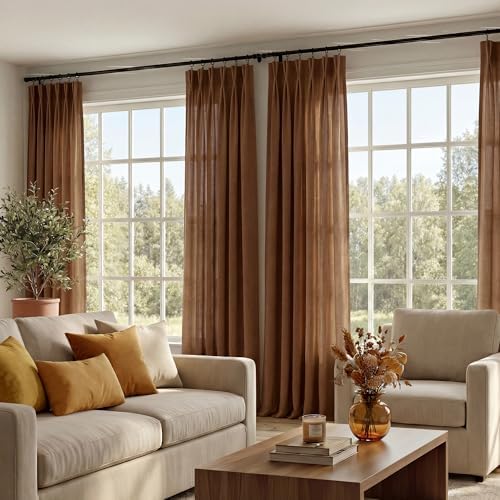 NICETOWN Pinch Pleated Linen Gold Brown Curtains 96 inches Long, Flax