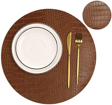 Round Leather Placemats for Round Tables Set of 6, Brown Table Place