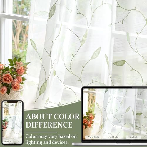 Lazzzy Embroidered Sheer Curtains Floral Leaf White Sheer Curtain for