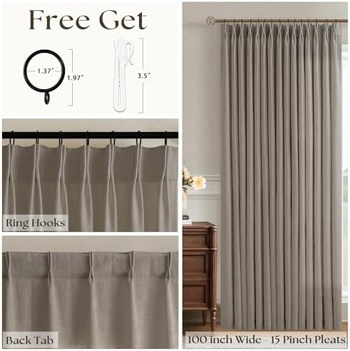 Greige Pinch Pleated Linen Curtains 108 Inch Long 100 Inch Wide 1