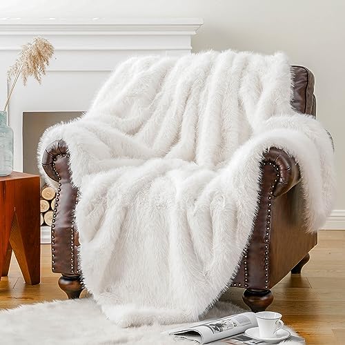 BATTILO HOME White Faux Fur Throw Blanket, Cream Throw Blanket