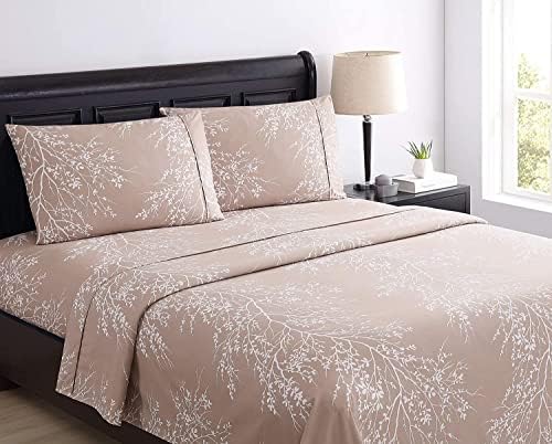 Home 4-Piece Luxury Elegant Bed Sheet Set - Twin, Taupe/White