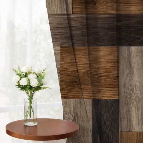 Rustic Brown Wood Patchwork Window Curtains, 2 Panel 52x63 inch
