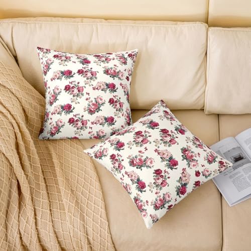 Vintage Floral Pillow Cases Set of 2, Red and Pink Flower Throw Pillow