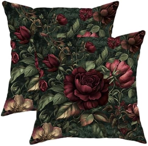 Vintage Floral Pillow Covers Set of 2, Dark Red Rose Botanical Throw