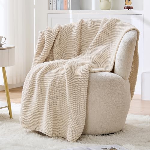 Beige Throw Blanket, Garter Knit, 50" x 60", Ivory Beige