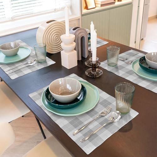 Gray White Plaid Linen Placemats Set of 4 - Heat Resistant Non-Slip