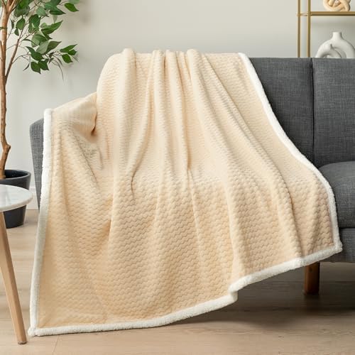 PAVILIA Sherpa Throw Blanket for Couch Sofa Bed, Chevron Ivory Beige