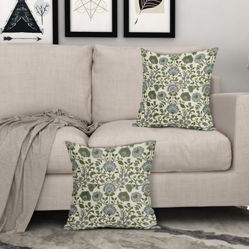 Blue Sage Green Floral Block Print Pillow Covers 22x22 Set of 2