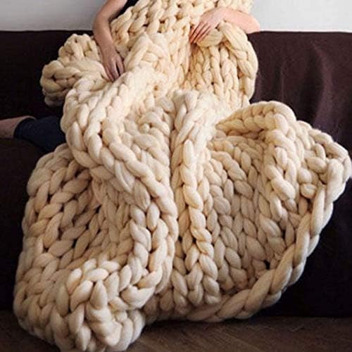 Chunky Knit Throw Blanket Beige, Handmade Chunky Knitted Blankets