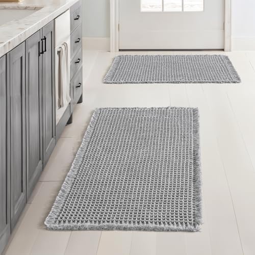 MIULEE Set of 2 Waffle Bathroom Rugs Boho Bath Mat Light Grey 17x24