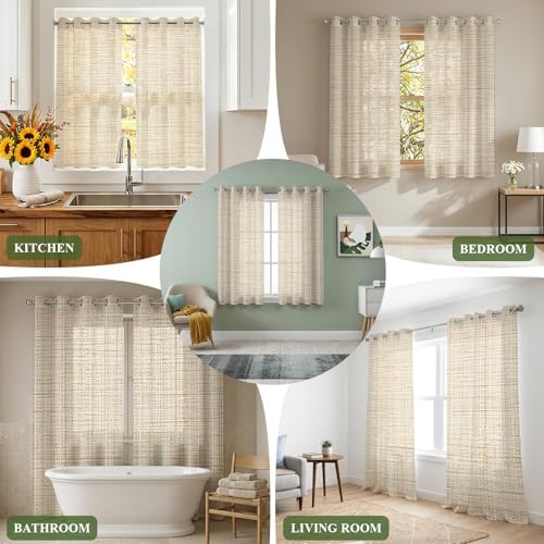 Brown Sheer Curtains 96 Inch Long 2 Panels, Linen Texture Modern