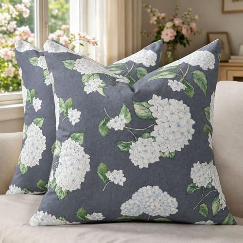 DFXSZ Floral Pillow Covers 20x20 Set of 2 Dark Blue Hydrangea Flower