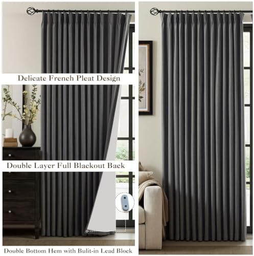 IVAPUPU Dark Grey Pinch Pleated Full Blackout Linen Curtains 108 Inch