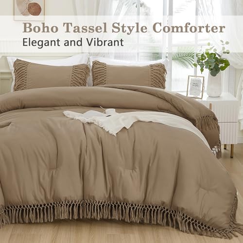 Andency Taupe Comforter Set King, 3 Pieces Boho Tassel Bedding