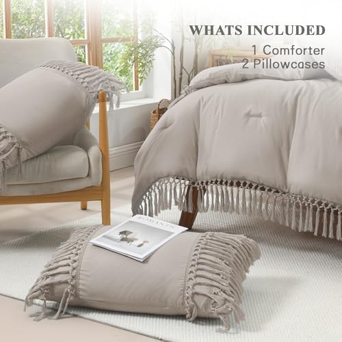 Andency Heather Grey Comforter Set Cal King, 3 Pieces Boho Tassel