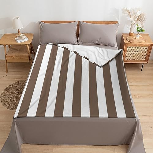 Plush Throw Blanket Taupe and White Stripes Soft Cozy Blanket Flannel