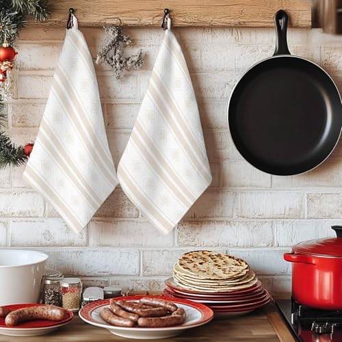 Beige Striped Kitchen Towels Set of 3, Absorbent Microfiber Dish Tea