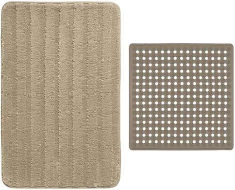 GORILLA GRIP Bath Rug, 24x16, Beige and Shower Mat, 21x21, Beige
