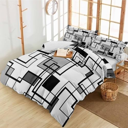 Duvet Cover Set Queen, Modern Abstract Square Stripes 3 Piece Bedding