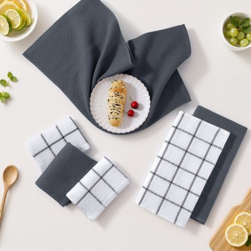 Homaxy 100% Cotton Waffle Weave Kitchen Towels 4-Pack, Dark Grey