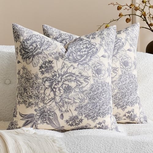 Floral Pillow Covers 22x22 Inch Set of 2 Blue White Farmhouse Block
