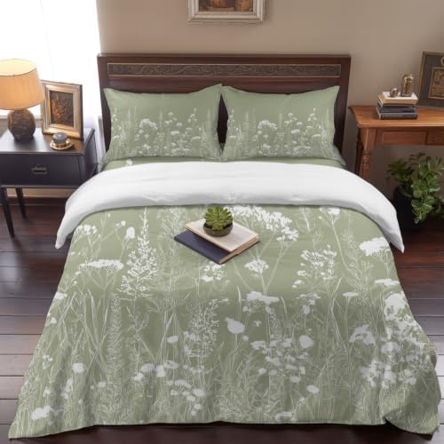 Sage Green California King 4 Piece Duvet Cover Set, White Botanical