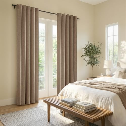MIULEE Thick Linen Curtains, 42Wx96L, Brown Tan Semi Sheer Linen
