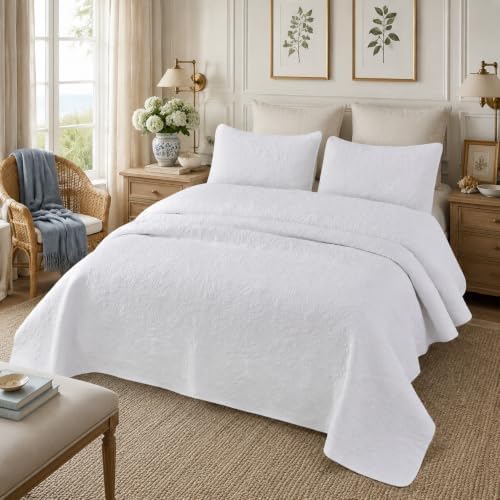 Brandream White Botanical Cotton Quilt Set King Floral Stitched Quilts