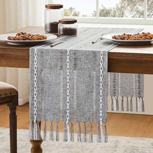 Hemstitched Farmhouse Table Runner, Charcoal 13x72 Inch, Cotton Linen